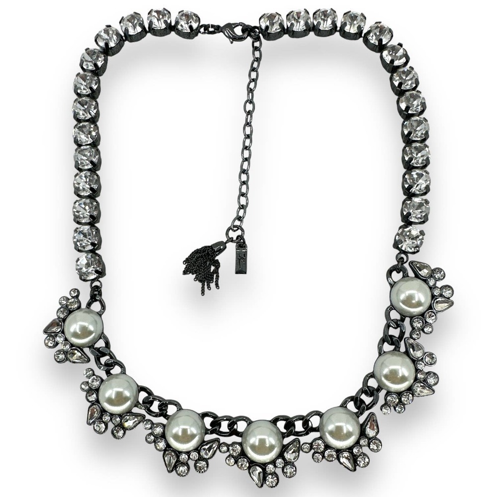 Statement Rhinestones with Faux Pearl In Gun Metal Color Chain Necklace
